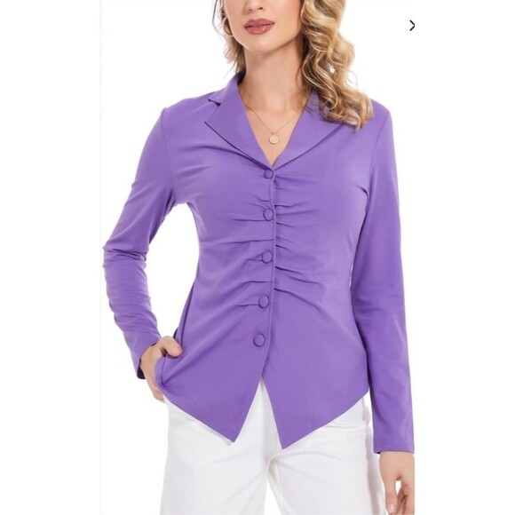 Purple Long Sleeve Button-Up Blouse with Pleated Front Design - Picture 2 of 10